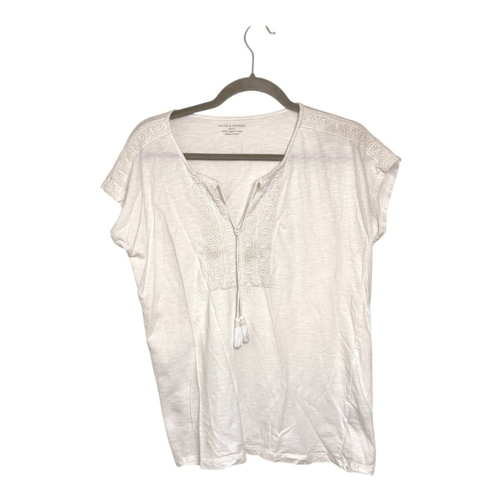 Chelsea & Theodore White Lace Trim Tassel Boho Top Organic Cotton Size Small